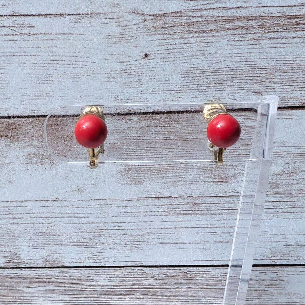 Vintage Clip On Earrings - Dainty 0.25" Red Ball - Small Earrings